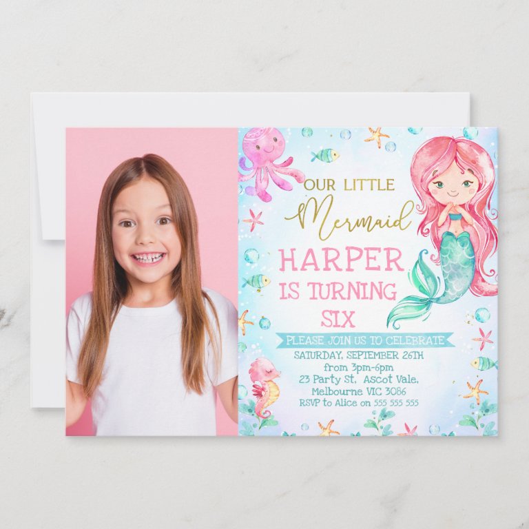 Red Hair Mermaid Octopus Photo Birthday Invitation