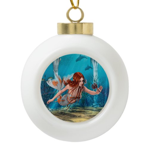 Red Hair Mermaid Underwater Fantasy Art Ceramic Ball Christmas Ornament