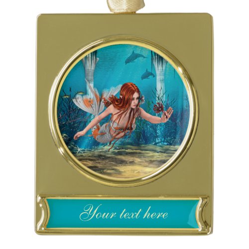 Red Hair Mermaid Underwater Fantasy Art Gold Plated Banner Ornament