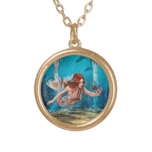 Red Hair Mermaid Underwater Fantasy Art Gold Plated Necklace