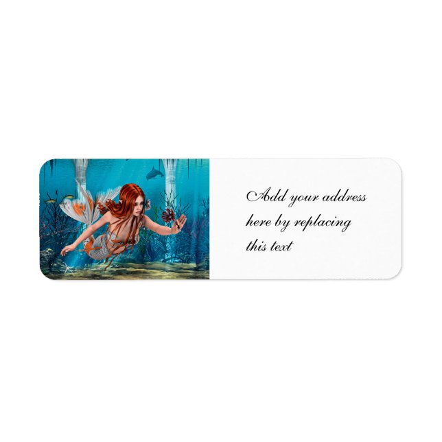 Red Hair Mermaid Underwater Fantasy Art Label with Ocean Ruins