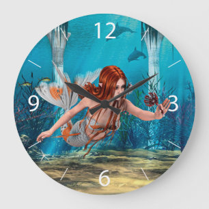 Red Hair Mermaid Underwater Fantasy Art Large Clock