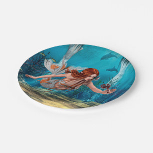 Red Hair Mermaid Underwater Fantasy Art Paper Plates