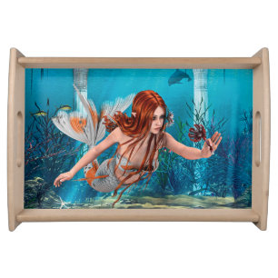 Red Hair Mermaid Underwater Fantasy Art Serving Tray