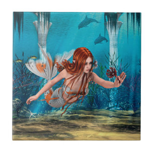 Red Hair Mermaid Underwater Fantasy Art Tile