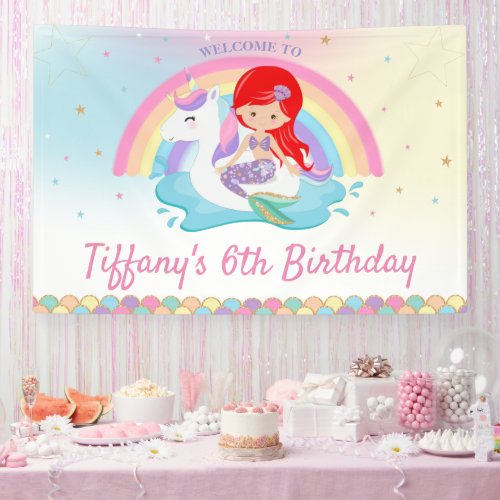 Red Hair Mermaid Unicorn Pool Birthday Welcome  Banner