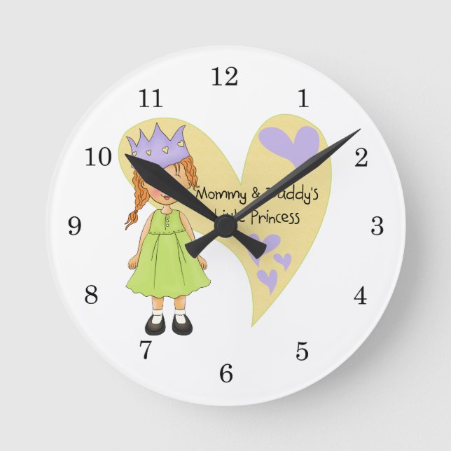 Red Hair Mommy and Daddy's Princess Round Clock (Front)