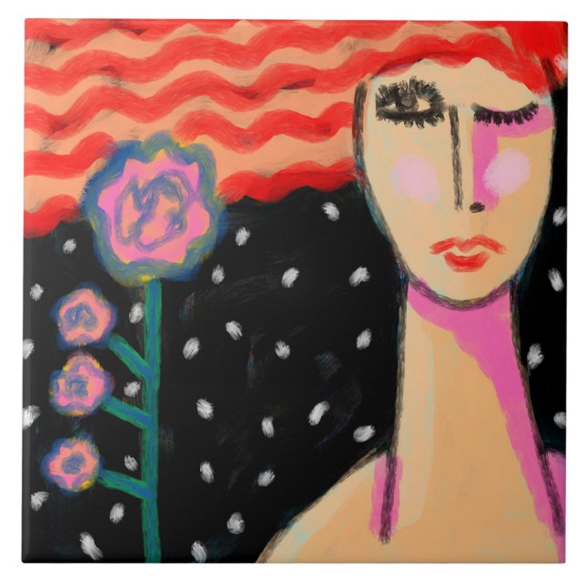 Red Hair Pink Roses Abstract Art Ceramic Tile (Front)