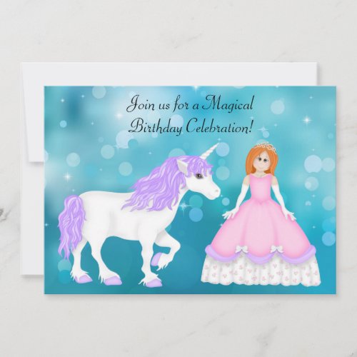 Red Hair Princess and Unicorn Birthday Invitation