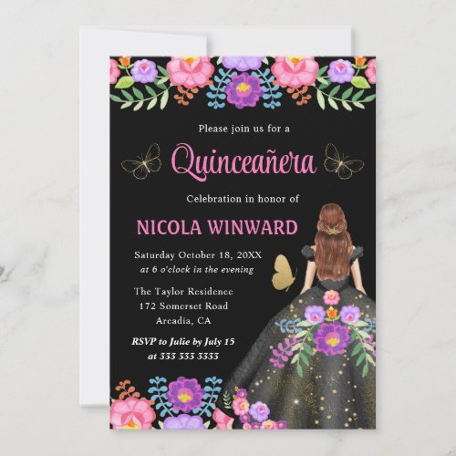 Red Hair Princess Mexican Floral Dress Quinceanera Invitation