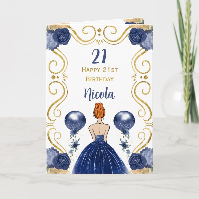 Red Hair  Princess Navy Happy Birthday Card (Front)