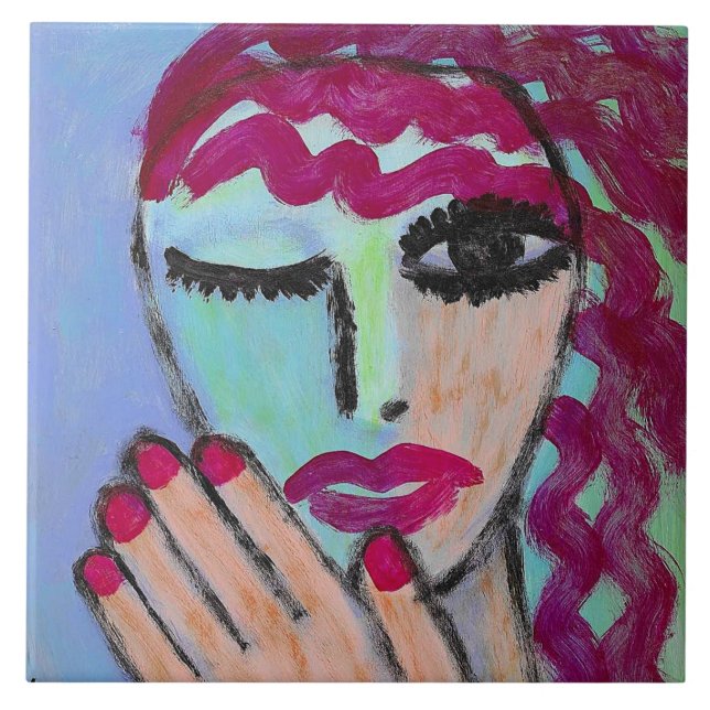 Red Hair Red Nails Abstract Portrait Ceramic Tile (Front)
