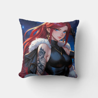 Red Hair Tattoo Anime Girl Throw Pillow