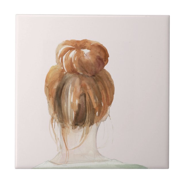 Red Hair Top Knot Bun Ceramic Tile (Front)