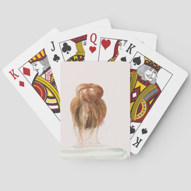 Red Hair Top Knot Bun Poker Cards (Back)