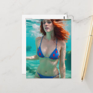 Red Hair Woman in a Blue Bikini with Red Polka Dot Postcard