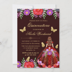 Red Hair Woman in Mexican Floral Dress Quinceañera Invitation