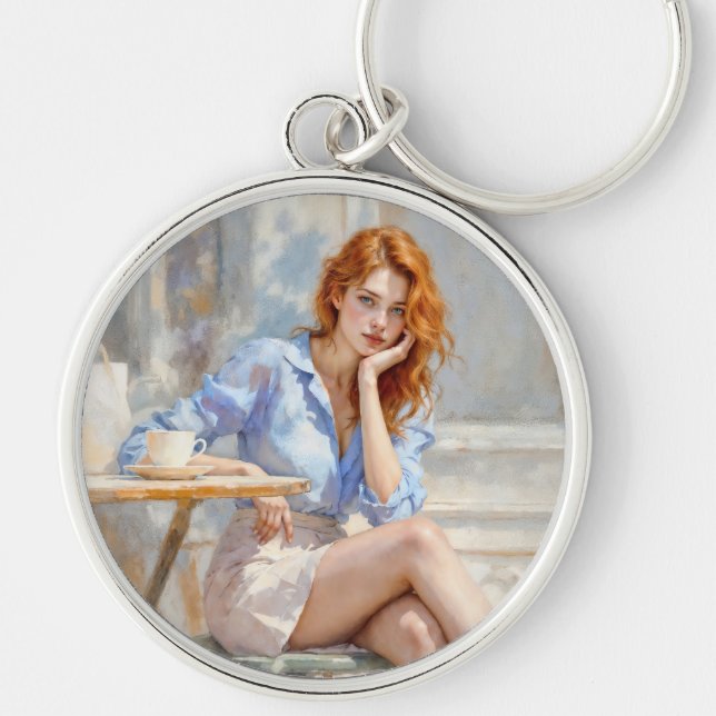 Red haired beauty girl sitting at a cafe soft art keychain (Front)