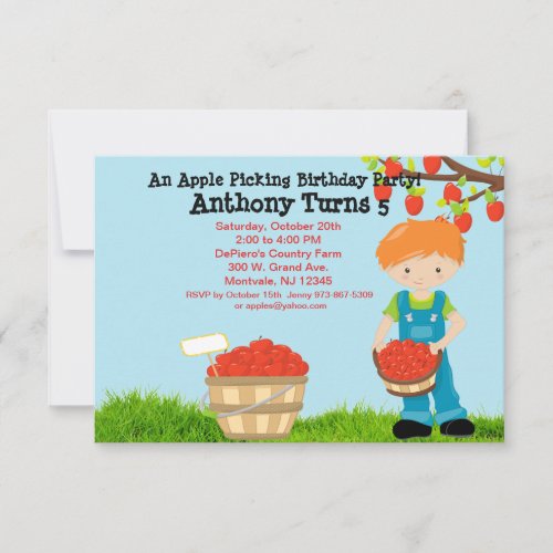 Red Haired Boy Apple Picking Birthday Party Invitation