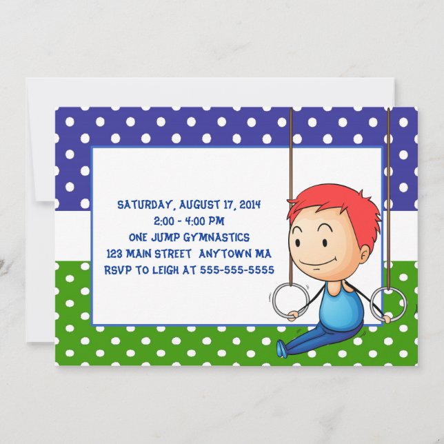 Red Haired Boy Gymnastics Birthday Invitations (Front)