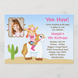 Red Haired Cowgirl Horse Birthday Party Invitation