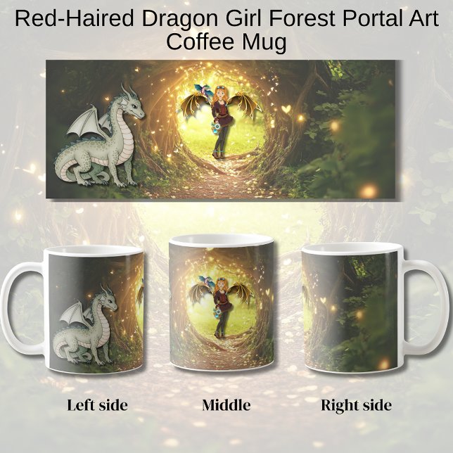 Red-Haired Dragon Girl Forest Portal Art Coffee Mug (Dragon Girl Forest Scene Mug)