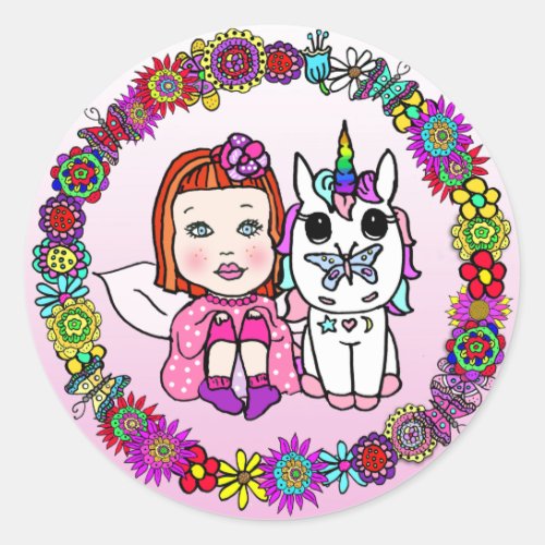 Red Haired Fairy and Rainbow Unicorn and Butterfly Classic Round Sticker