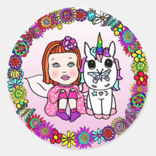 Red Haired Fairy and Rainbow Unicorn and Butterfly Classic Round Sticker