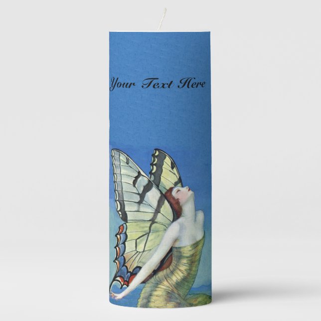 Red Haired Fairy Gold Dress Butterfly Wings Sky Pillar Candle (Front)