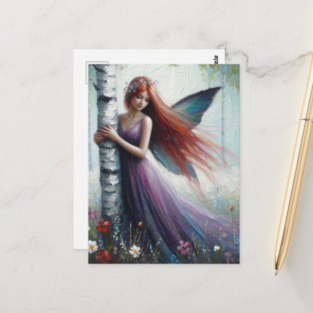 Red Haired Fairy in a Birch Forest Postcard (Front/Back In Situ)