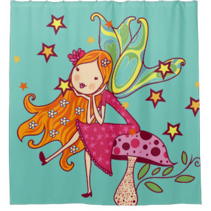 Red Haired Garden Fairy on Toadstool Shower Curtain