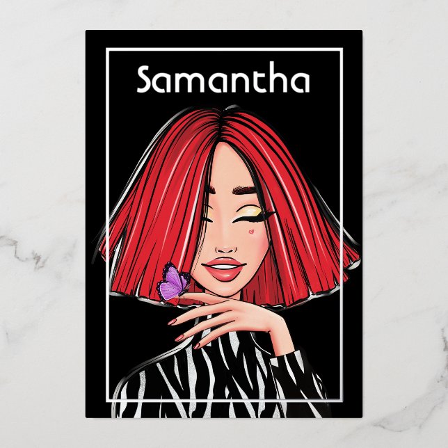 Red Haired Girl Birthday Party Foil Invitation (Front)