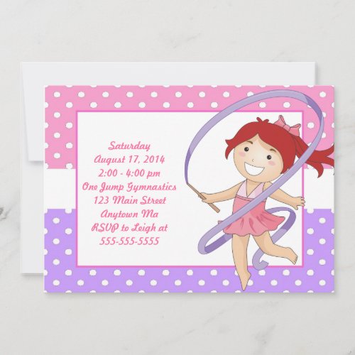 Red Haired Girl Gymnastics Birthday Invitations