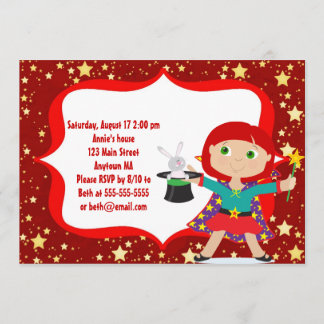 Red Haired Girl Magician Birthday Party Invitation