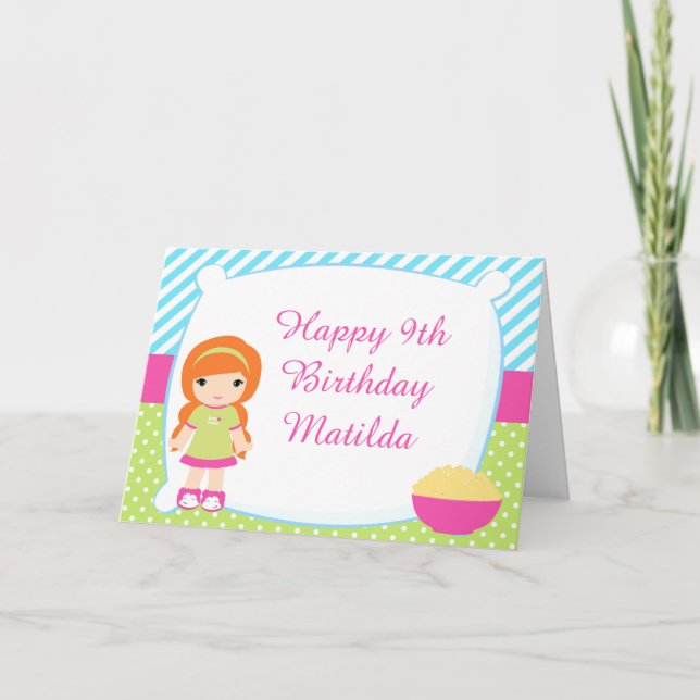Red Haired Girl Sleepover Slumber Party Birthday Card (Front)