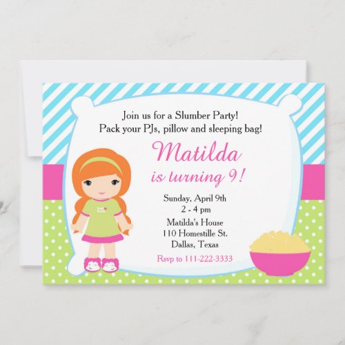 Red Haired Girl Sleepover Slumber Party Birthday Invitation