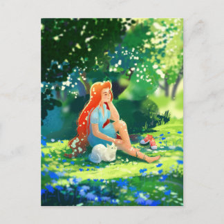Red-haired Girl with a White Cat Postcard