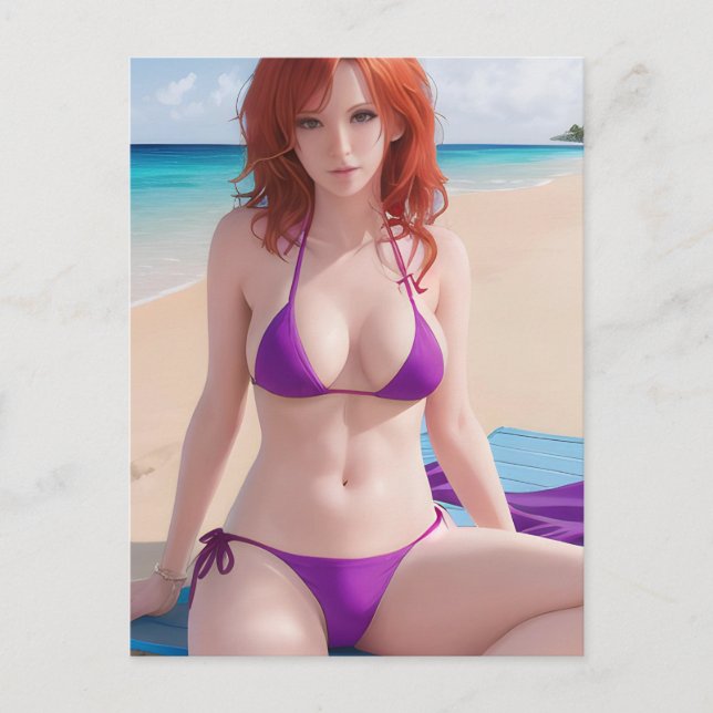 Red Haired Lady in a Purple Bikini Postcard (Front)