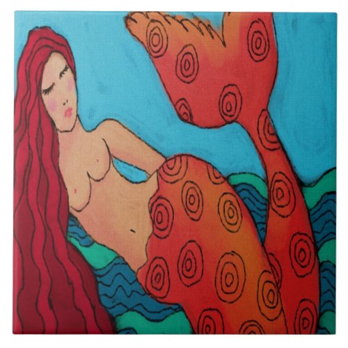 Red Haired Mermaid Abstract Art Ceramic Tile