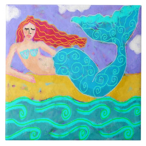 Red Haired Mermaid Abstract Art Ceramic Tile