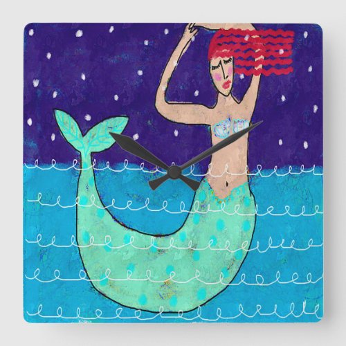 Red Haired Mermaid Abstract Art Square Wall Clock