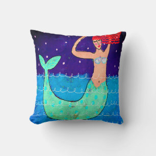 Red Haired Mermaid Abstract Art Throw Pillow