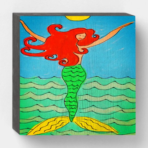 Red Haired Mermaid Abstract Painting Wooden Box Sign
