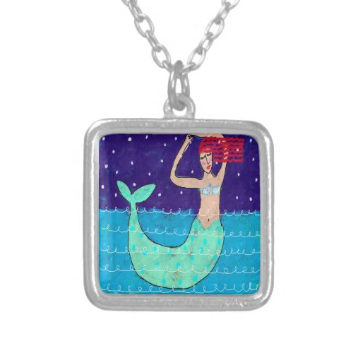 Red Haired Mermaid Art to Wear Silver Plated Necklace