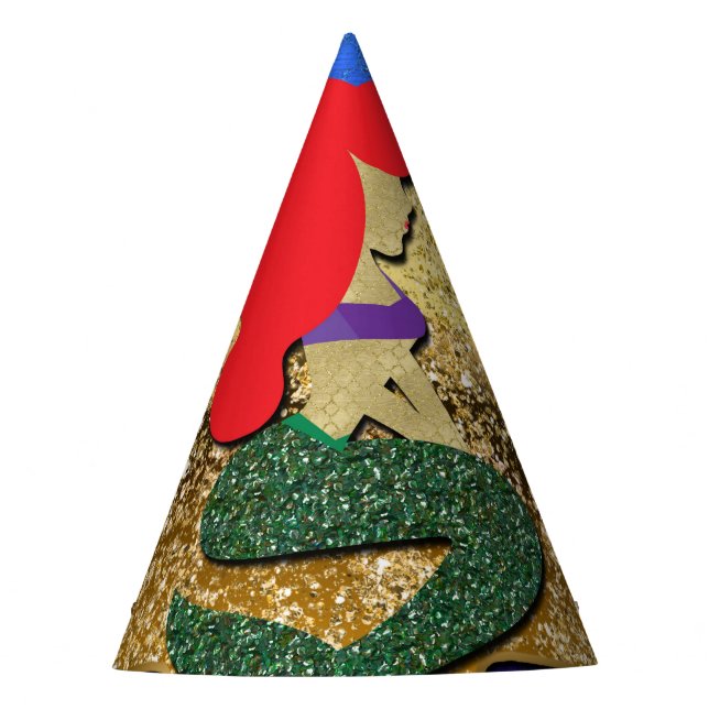Red Haired Mermaid Golden Seashell Birthday Party Hat (Front)