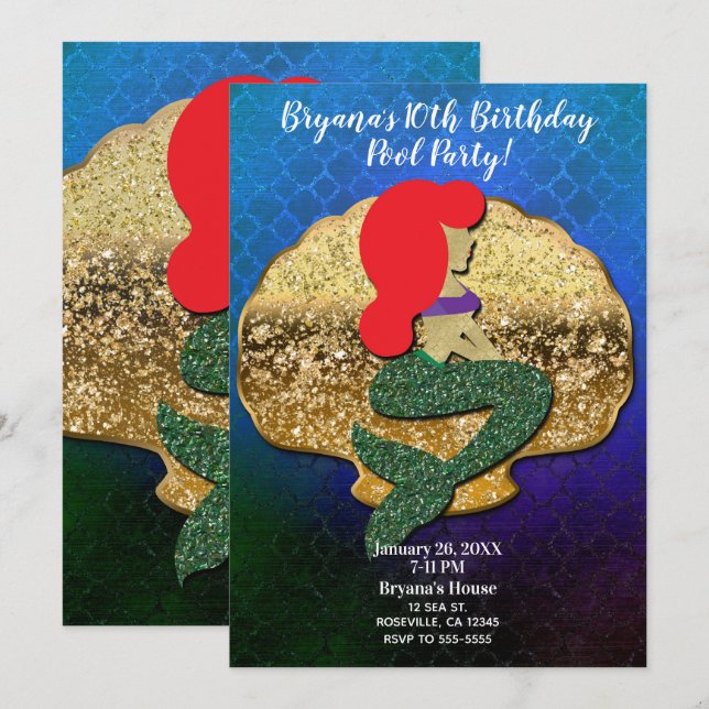 Red Haired Mermaid Golden Seashell Birthday Party Invitation (Front/Back)