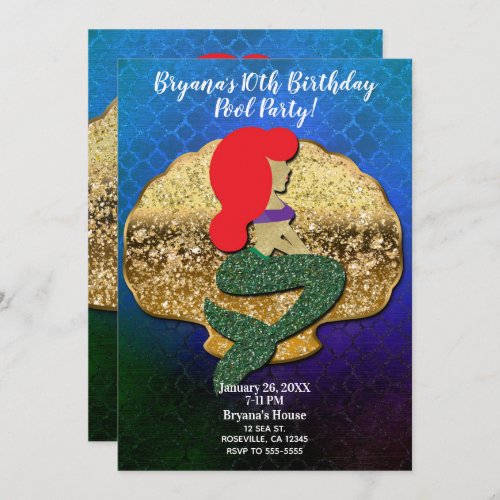 Red Haired Mermaid Golden Seashell Birthday Party Invitation