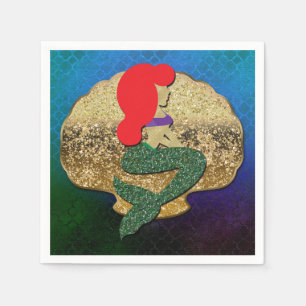 Red Haired Mermaid Golden Seashell Birthday Party Napkins