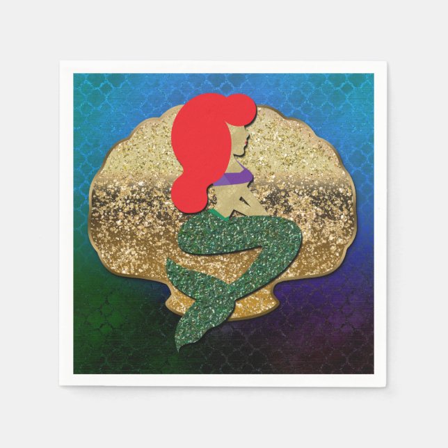 Red Haired Mermaid Golden Seashell Birthday Party Napkins (Front)