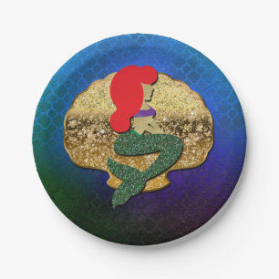 Red Haired Mermaid Golden Seashell Birthday Party Paper Plates